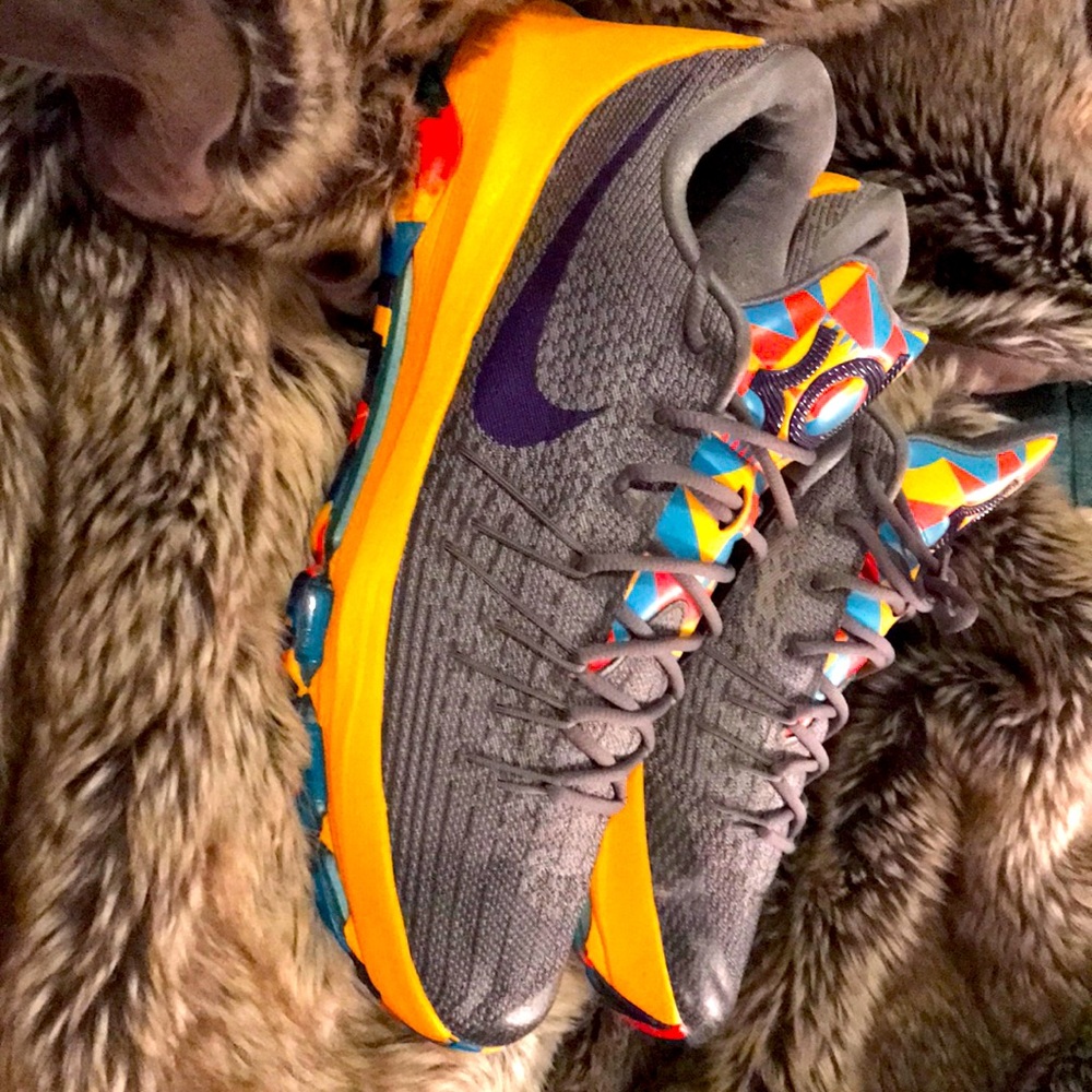 Men’s size 12 Multi-color KD’s.